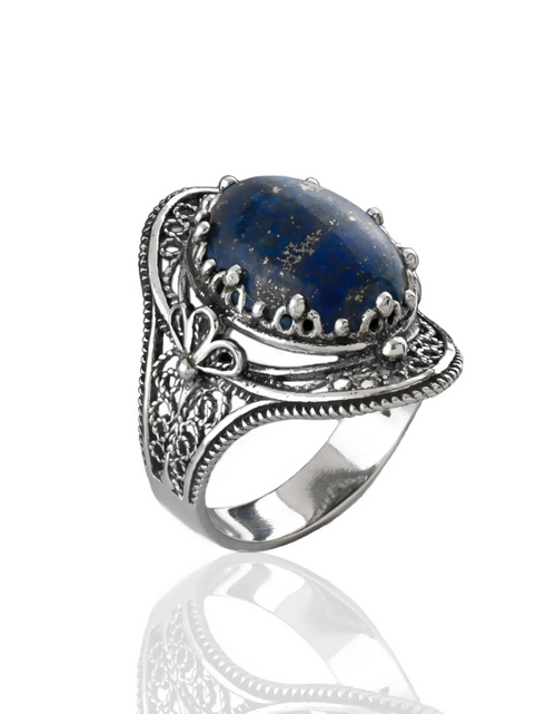 Load image into Gallery viewer, Lapis Lazuli Gemstone Filigree Art Woman Silver Statement Ring
