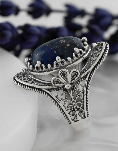 Load image into Gallery viewer, Lapis Lazuli Gemstone Filigree Art Woman Silver Statement Ring
