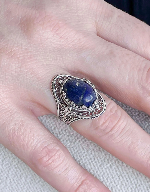 Load image into Gallery viewer, Lapis Lazuli Gemstone Filigree Art Woman Silver Statement Ring
