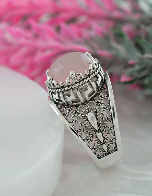 Load image into Gallery viewer, Meander Pattern Filigree Art Rose Quartz Gemstone Women Silver Cocktail Ring
