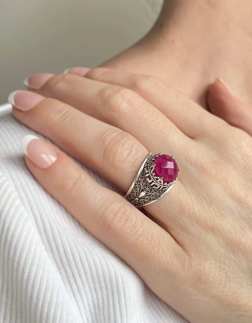 Load image into Gallery viewer, Meander Pattern Filigree Art Ruby Corundum Gemstone Women Silver Cocktail Ring
