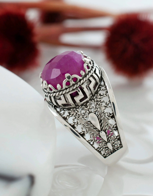 Load image into Gallery viewer, Meander Pattern Filigree Art Ruby Corundum Gemstone Women Silver Cocktail Ring
