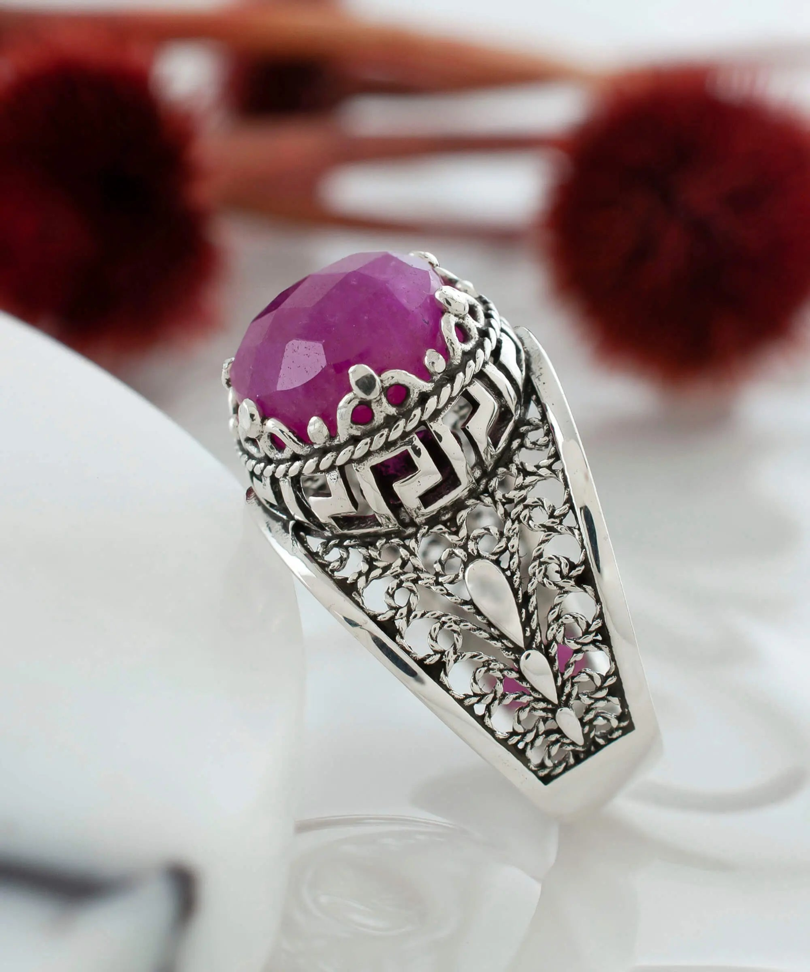 Meander Pattern Filigree Art Ruby Corundum Gemstone Women Silver Cocktail Ring