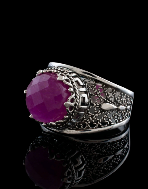 Load image into Gallery viewer, Meander Pattern Filigree Art Ruby Corundum Gemstone Women Silver Cocktail Ring
