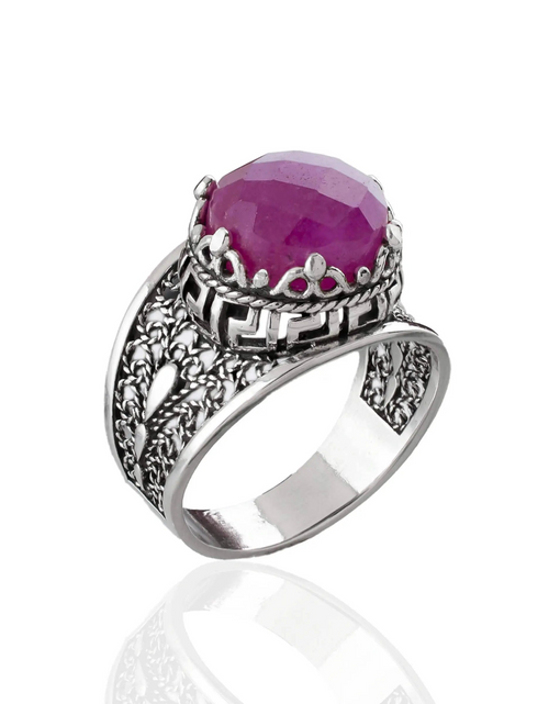 Load image into Gallery viewer, Meander Pattern Filigree Art Ruby Corundum Gemstone Women Silver Cocktail Ring

