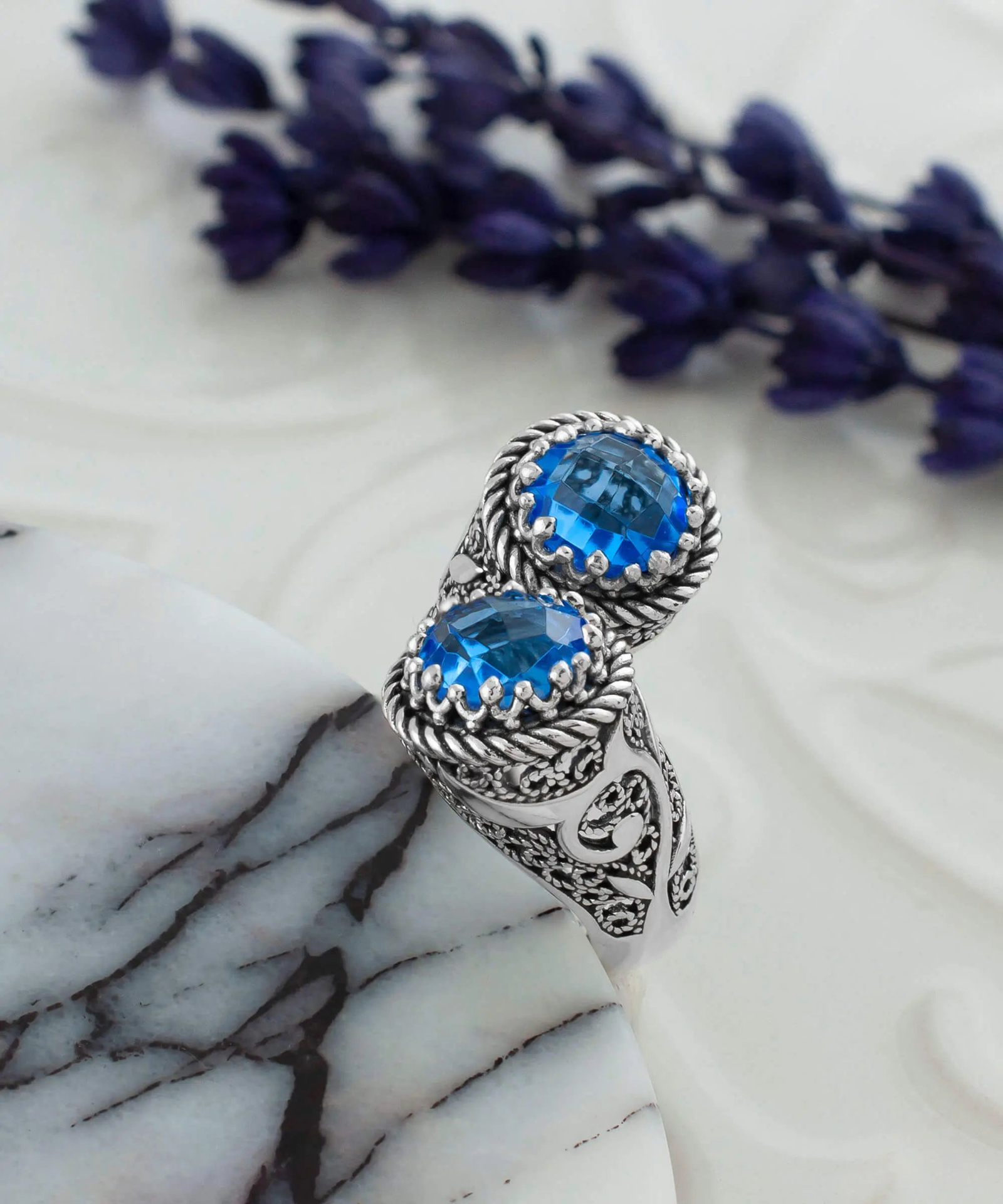 925 Sterling Silver Women's Bypass Ring with Blue Quartz Gemstone - Perfect for Any Occasion