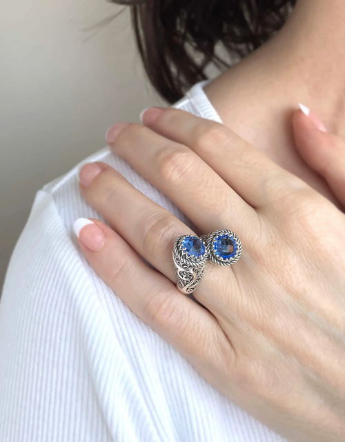 Load image into Gallery viewer, 925 Sterling Silver Women&#39;s Bypass Ring with Blue Quartz Gemstone - Perfect for Any Occasion
