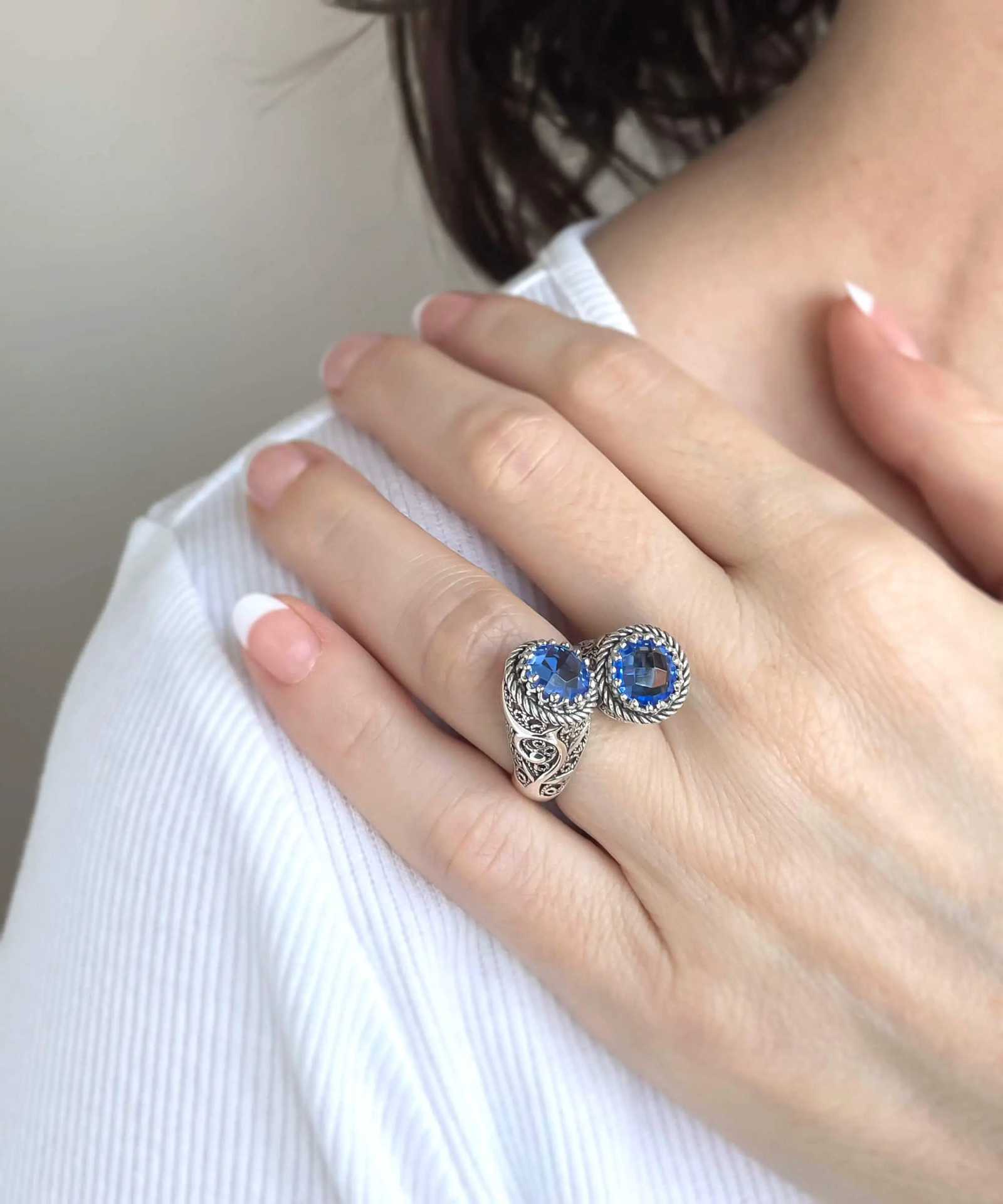 925 Sterling Silver Women's Bypass Ring with Blue Quartz Gemstone - Perfect for Any Occasion