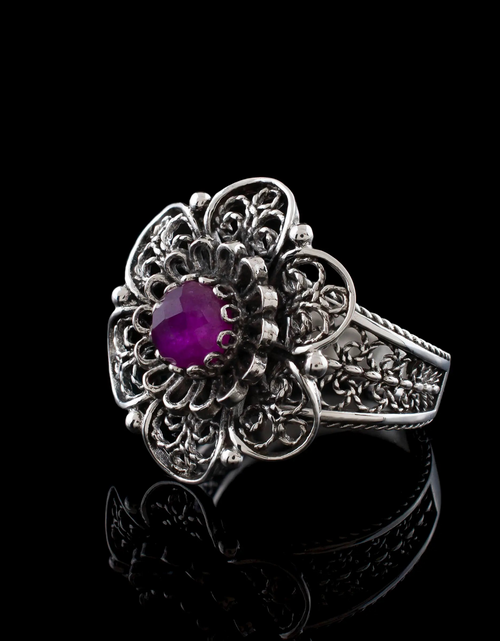 Load image into Gallery viewer, Filigree Art Ruby Corundum Gemstone Women Silver Statement Ring
