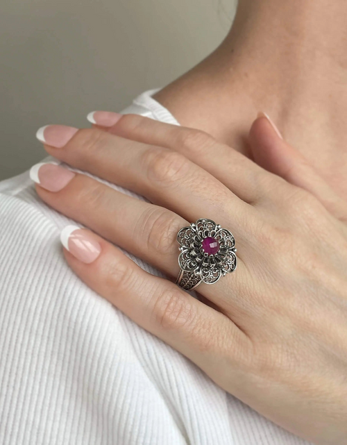 Load image into Gallery viewer, Filigree Art Ruby Corundum Gemstone Women Silver Statement Ring
