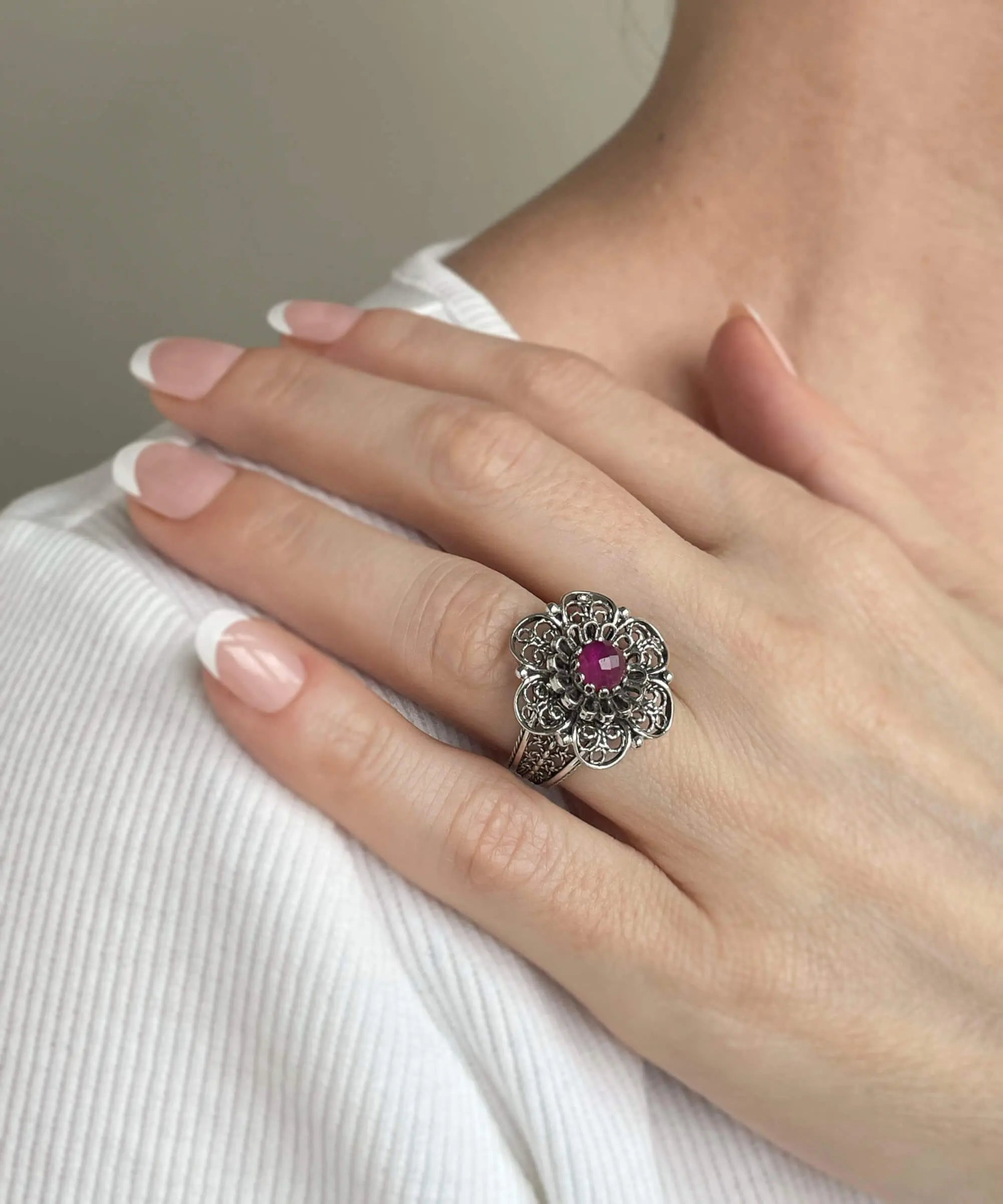 Filigree Art Ruby Corundum Gemstone Women Silver Statement Ring