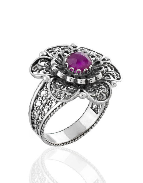 Load image into Gallery viewer, Filigree Art Ruby Corundum Gemstone Women Silver Statement Ring
