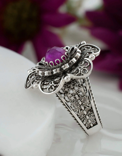 Load image into Gallery viewer, Filigree Art Ruby Corundum Gemstone Women Silver Statement Ring

