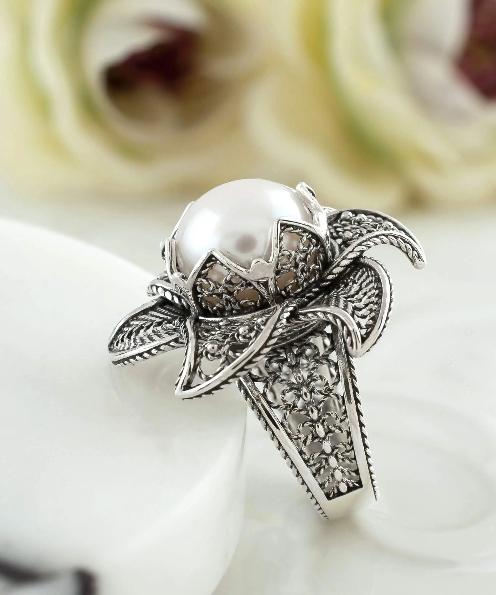 Lotus Flower Freshwater Pearl Women Silver Statement Ring