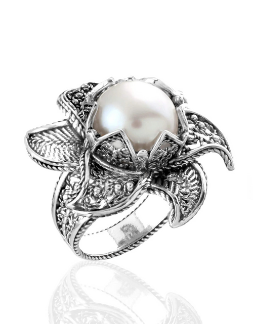 Load image into Gallery viewer, Lotus Flower Freshwater Pearl Women Silver Statement Ring
