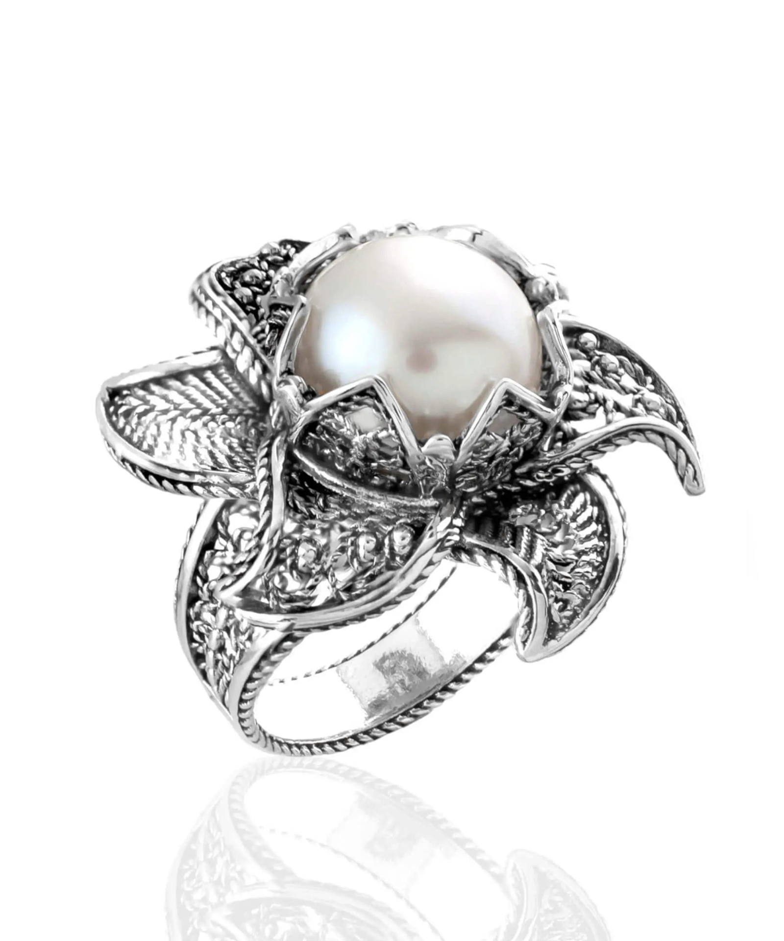 Lotus Flower Freshwater Pearl Women Silver Statement Ring