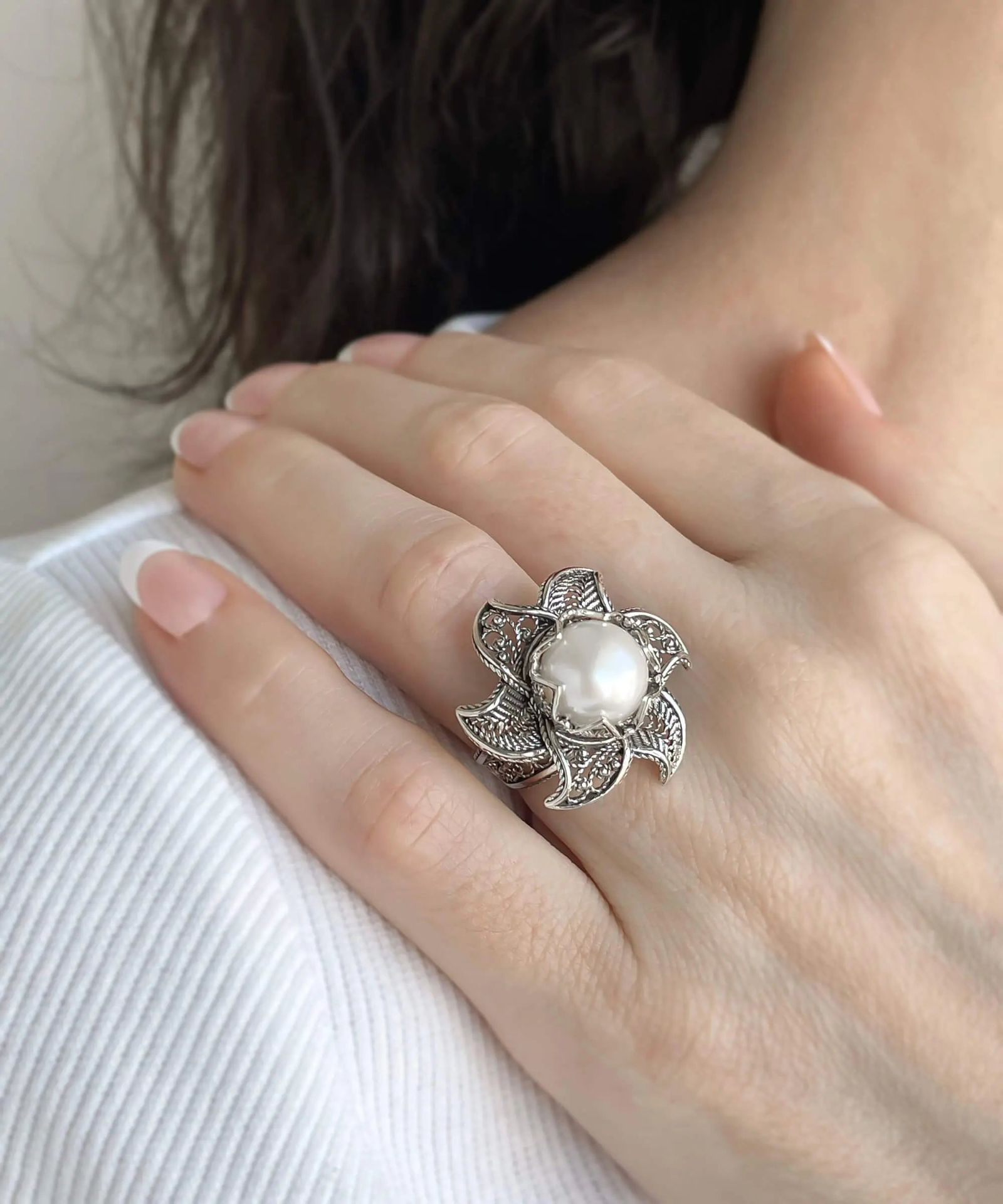 Lotus Flower Freshwater Pearl Women Silver Statement Ring