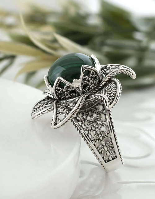 Load image into Gallery viewer, Lotus Flower Malachite Gemstone Women Silver Statement Ring
