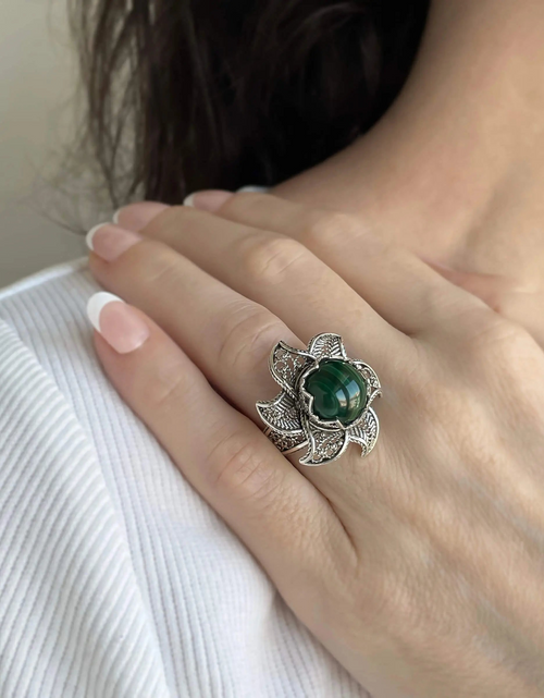 Load image into Gallery viewer, Lotus Flower Malachite Gemstone Women Silver Statement Ring
