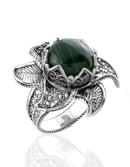 Load image into Gallery viewer, Lotus Flower Malachite Gemstone Women Silver Statement Ring

