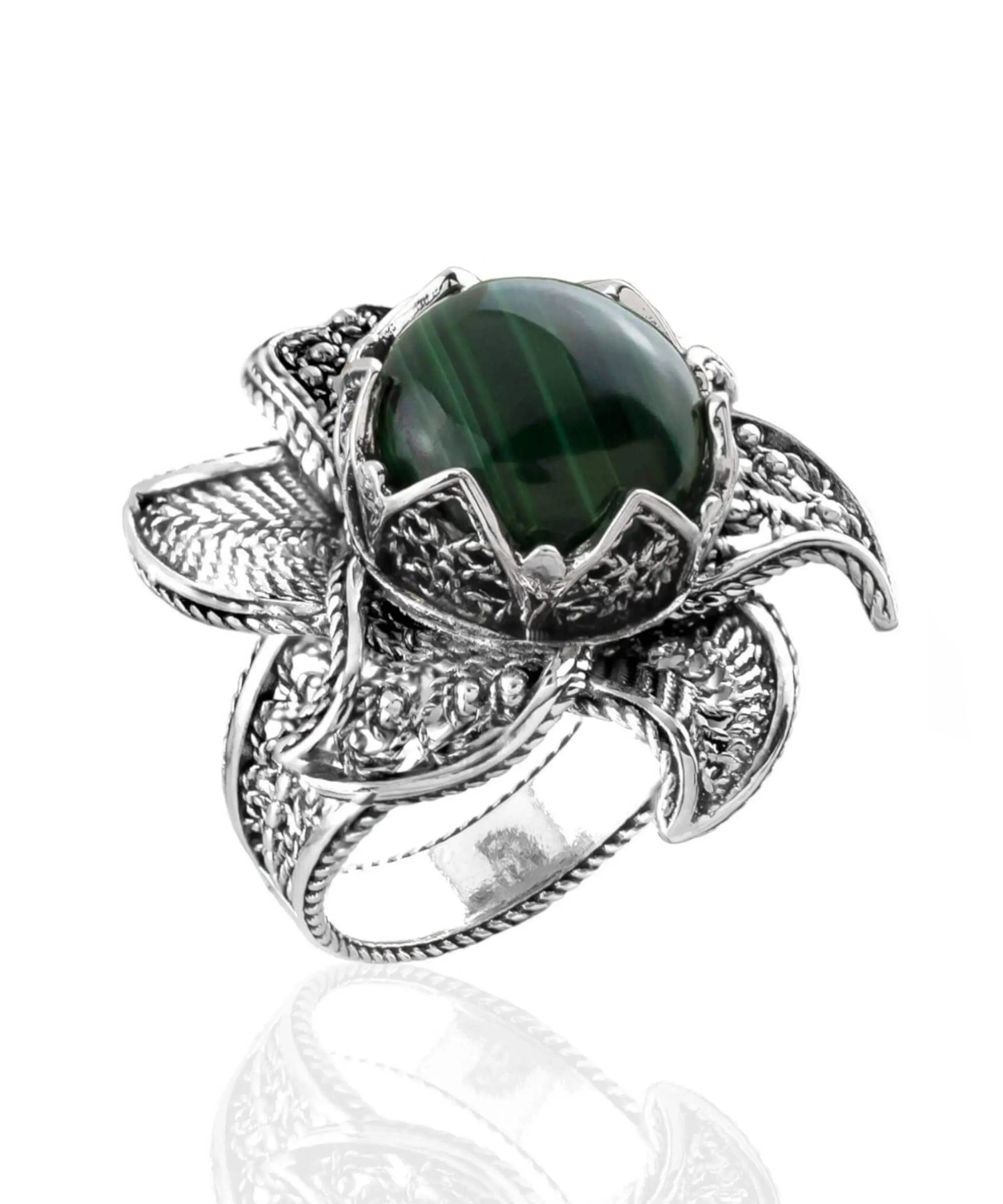Lotus Flower Malachite Gemstone Women Silver Statement Ring