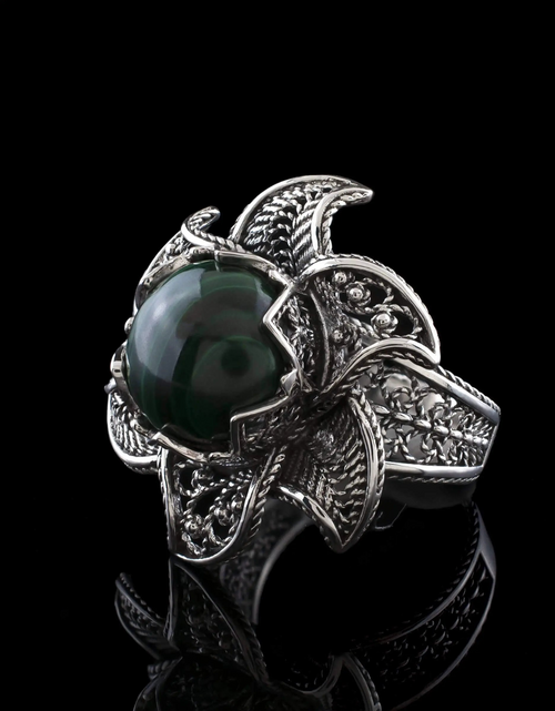 Load image into Gallery viewer, Lotus Flower Malachite Gemstone Women Silver Statement Ring
