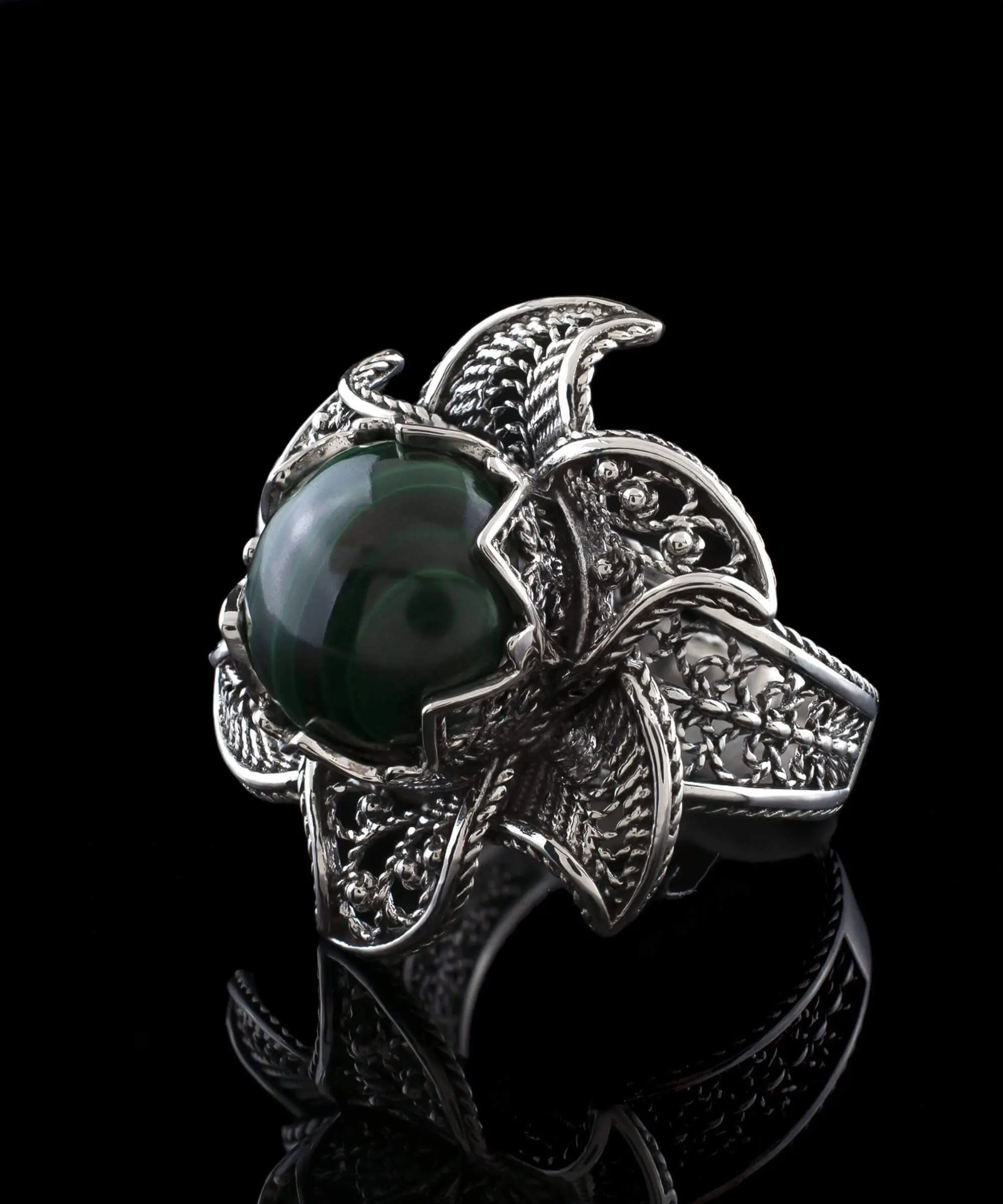 Lotus Flower Malachite Gemstone Women Silver Statement Ring