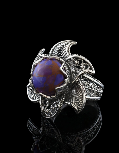 Load image into Gallery viewer, Lotus Flower Mojave Turquoise Gemstone Women Silver Statement Ring
