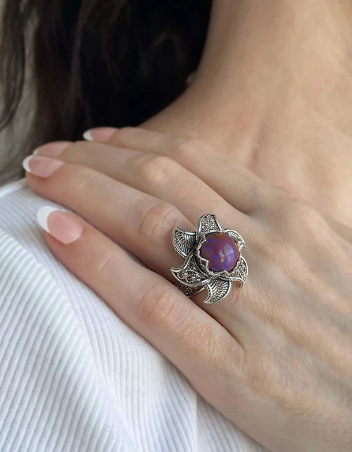 Load image into Gallery viewer, Lotus Flower Mojave Turquoise Gemstone Women Silver Statement Ring
