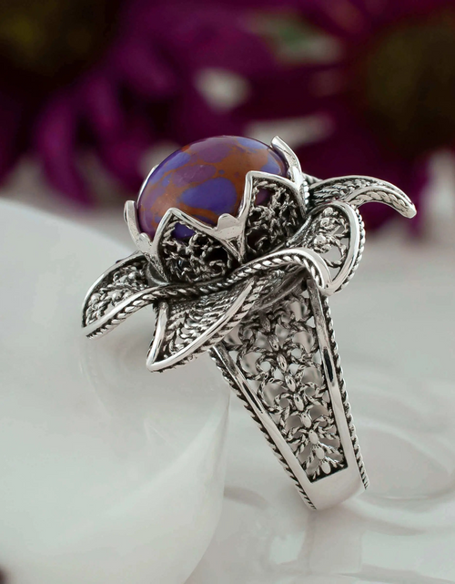 Load image into Gallery viewer, Lotus Flower Mojave Turquoise Gemstone Women Silver Statement Ring
