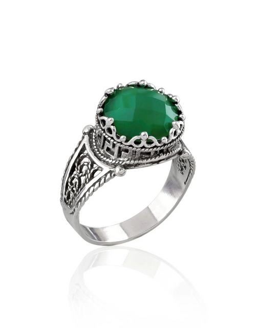 Load image into Gallery viewer, Greek Key Pattern Filigree Art Green Agate Gemstone Women Silver Cocktail Ring
