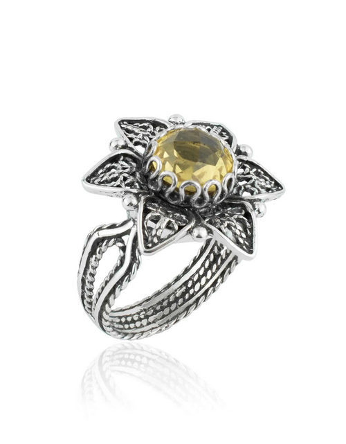Load image into Gallery viewer, Filigree Art Citrine Gemstone Daisy Flower Women Silver Cocktail Ring
