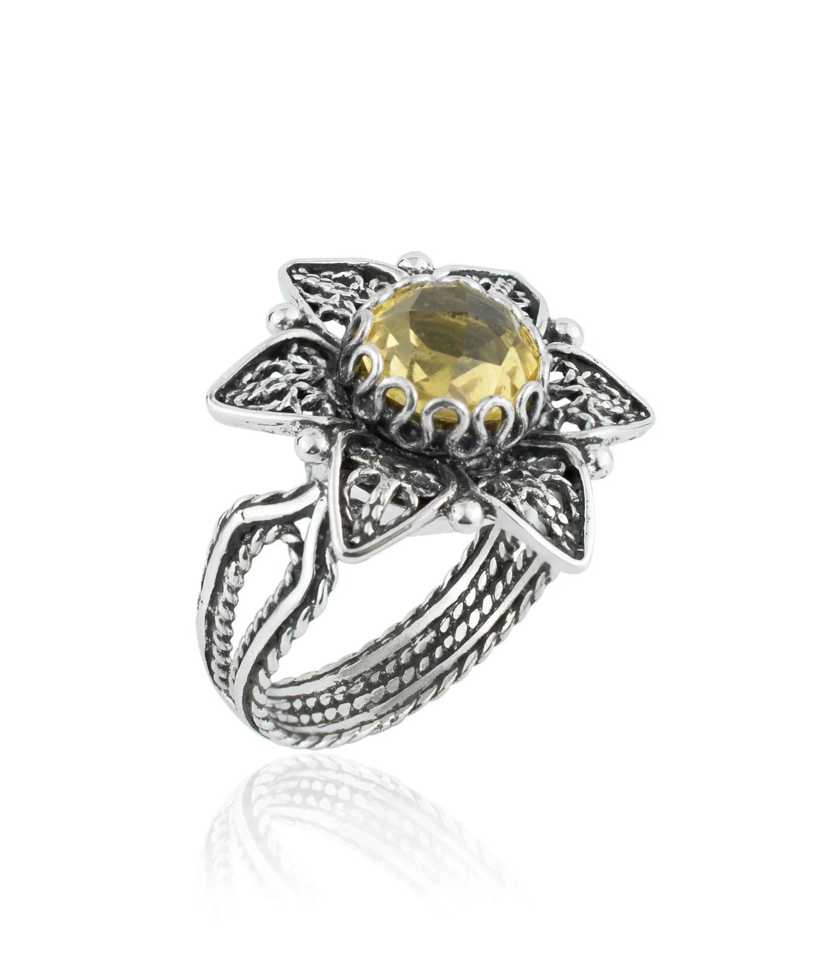 Filigree Art Citrine Gemstone Daisy Flower Women Silver Cocktail Ring