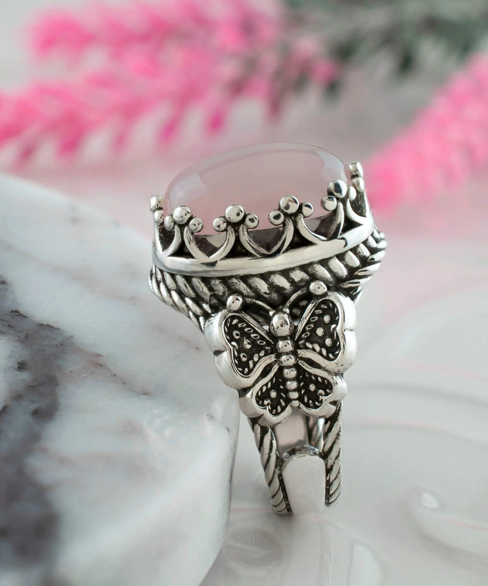 Rose Quartz Gemstone Filigree Art Double Butterfly Detailed Women Silver Statement Ring