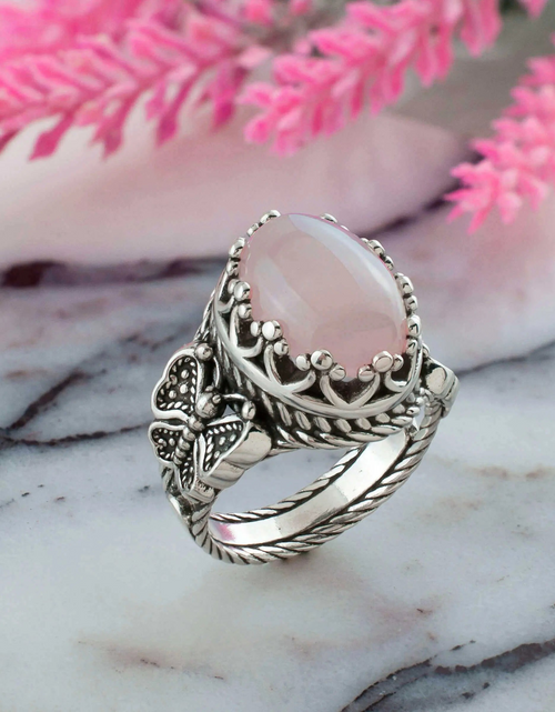 Load image into Gallery viewer, Rose Quartz Gemstone Filigree Art Double Butterfly Detailed Women Silver Statement Ring
