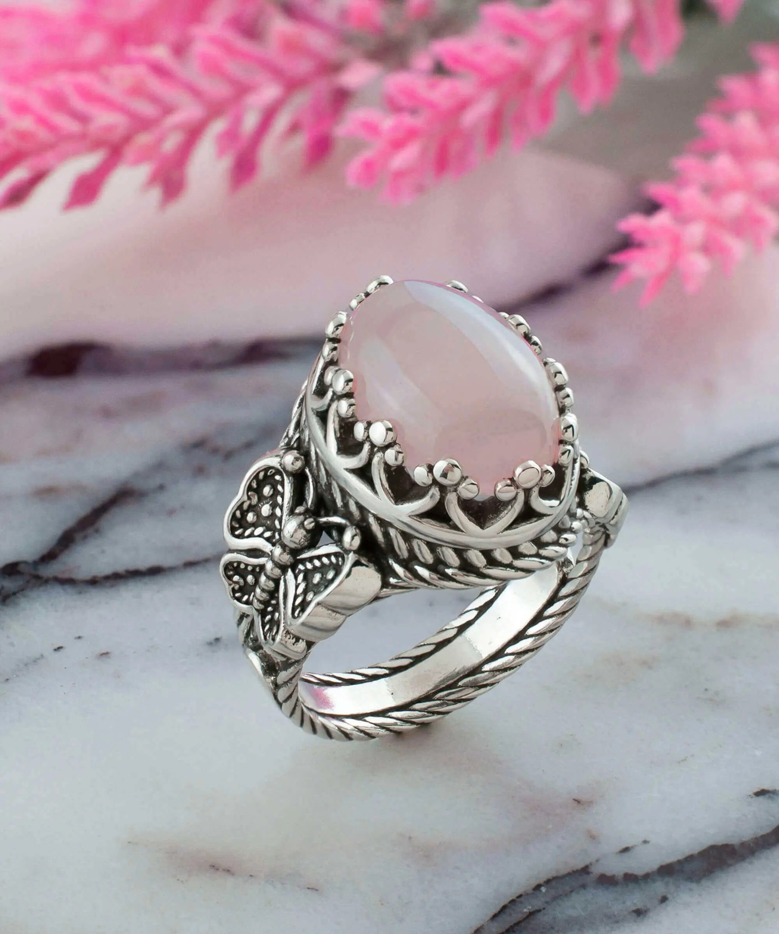 Rose Quartz Gemstone Filigree Art Double Butterfly Detailed Women Silver Statement Ring