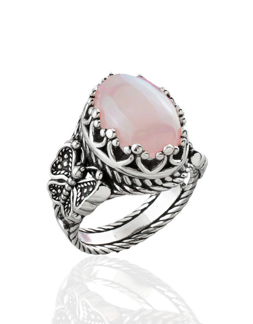 Load image into Gallery viewer, Rose Quartz Gemstone Filigree Art Double Butterfly Detailed Women Silver Statement Ring
