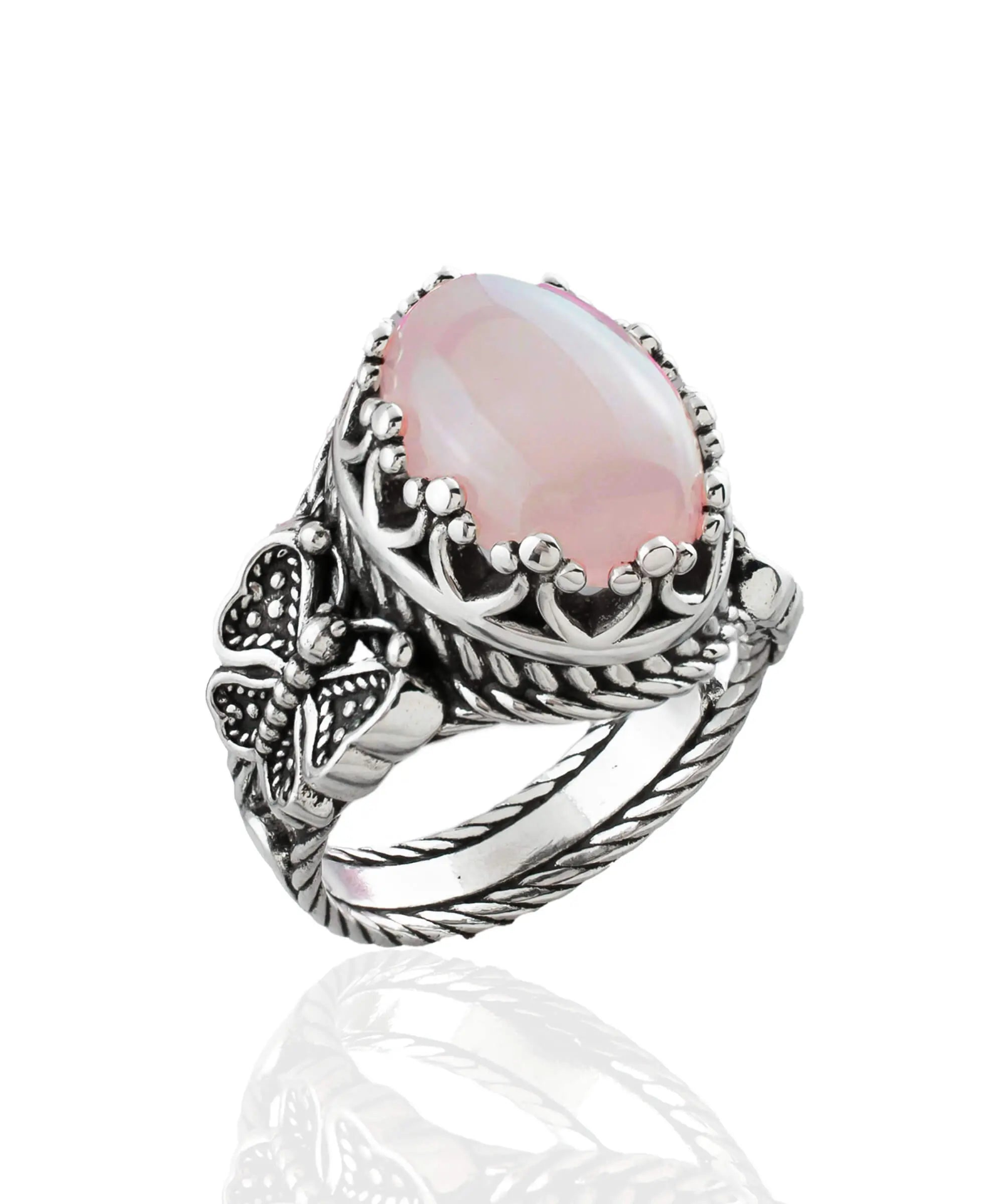 Rose Quartz Gemstone Filigree Art Double Butterfly Detailed Women Silver Statement Ring