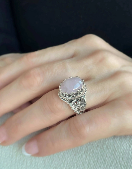 Load image into Gallery viewer, Rose Quartz Gemstone Filigree Art Double Butterfly Detailed Women Silver Statement Ring
