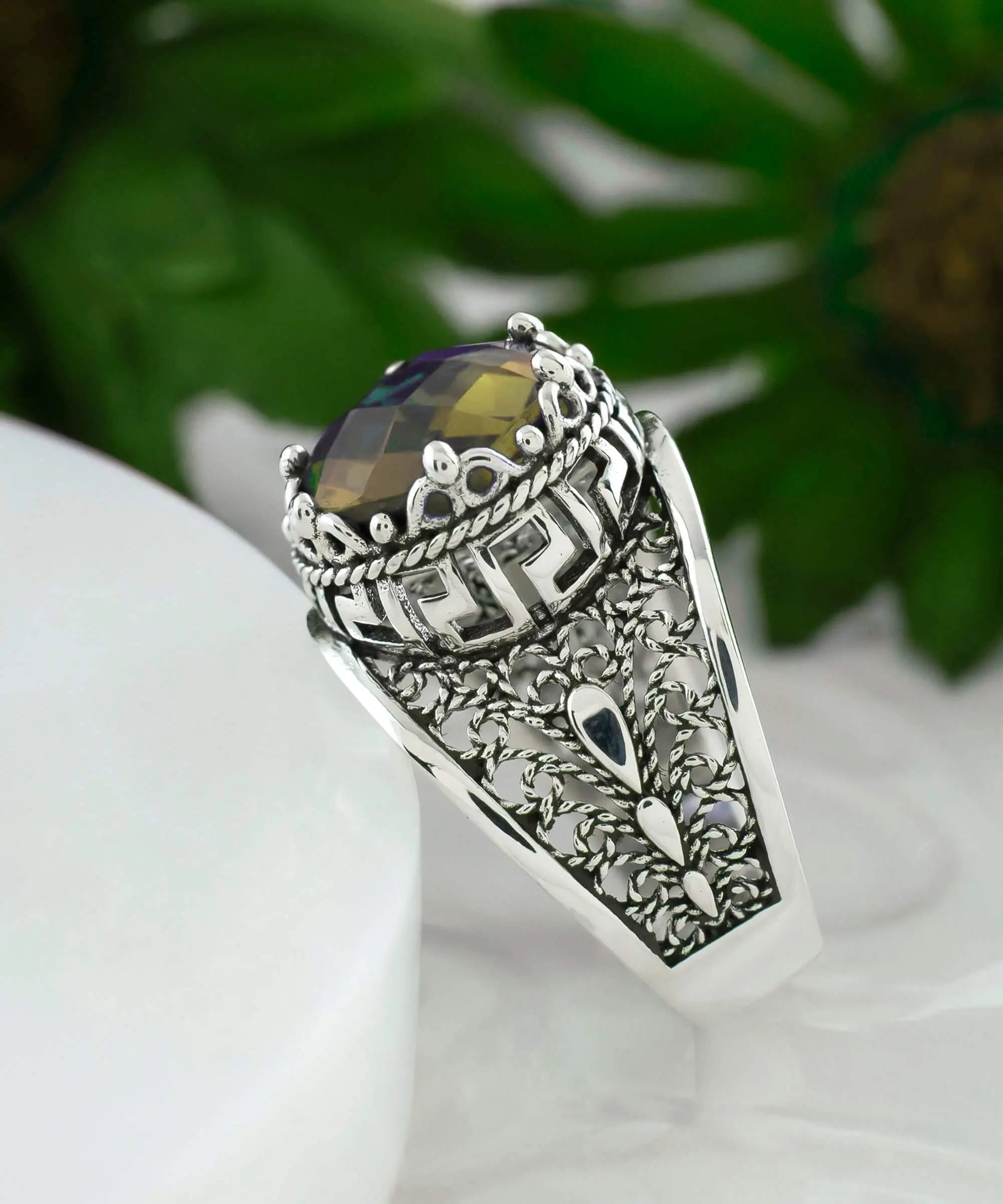 Meander Pattern Filigree Art Alexandrite Gemstone Women Silver Cocktail Ring