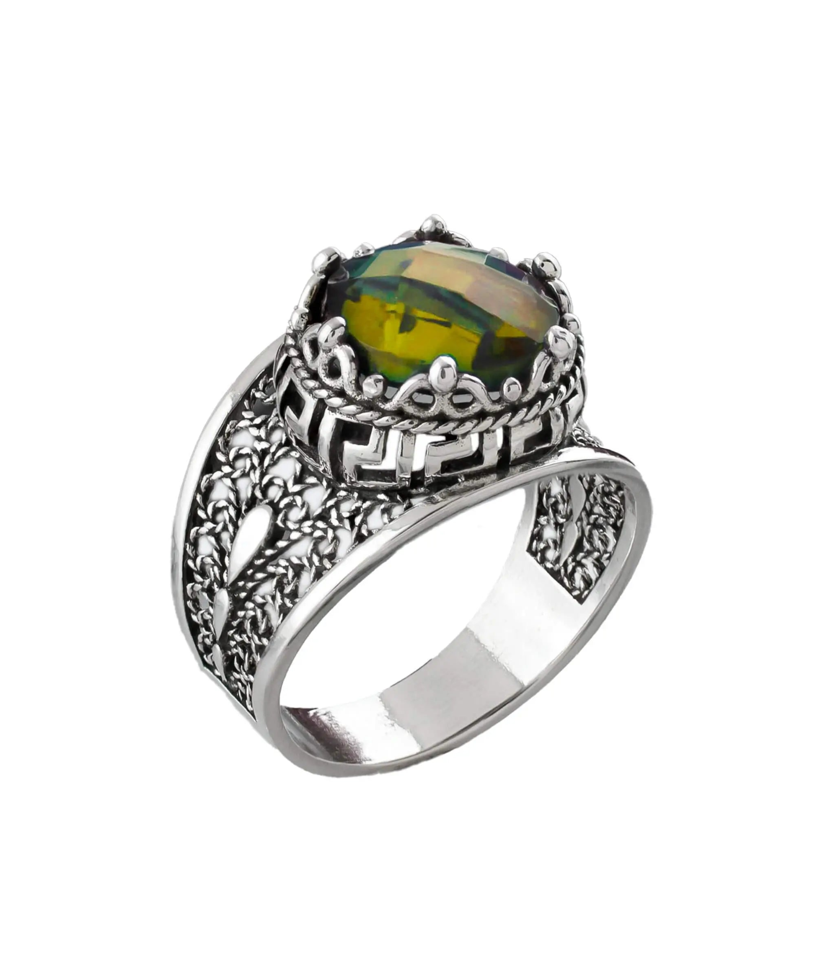 Meander Pattern Filigree Art Alexandrite Gemstone Women Silver Cocktail Ring