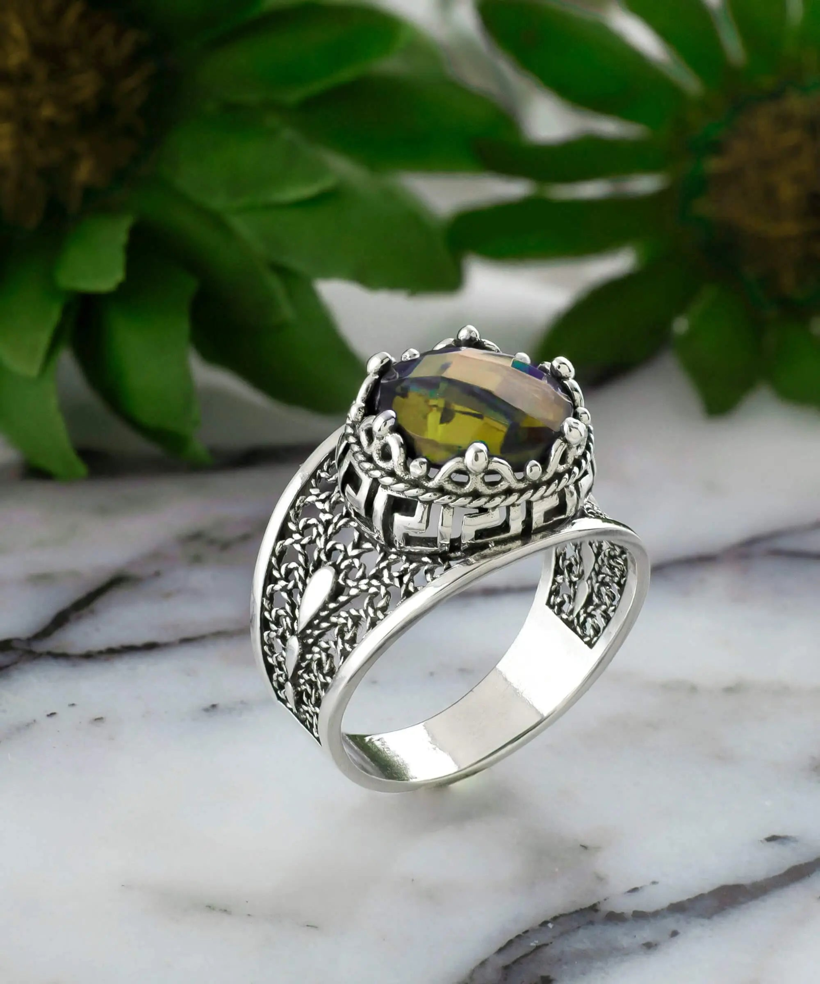 Meander Pattern Filigree Art Alexandrite Gemstone Women Silver Cocktail Ring