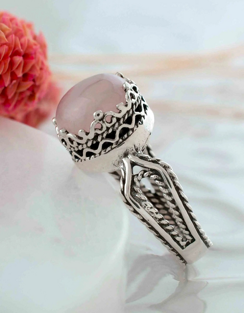 Load image into Gallery viewer, Rose Quartz Gemstone Filigree Art Women Sterling Silver Cocktail Ring
