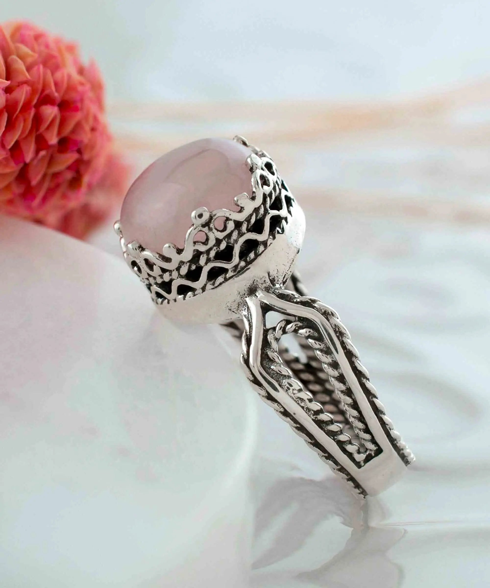Rose Quartz Gemstone Filigree Art Women Sterling Silver Cocktail Ring