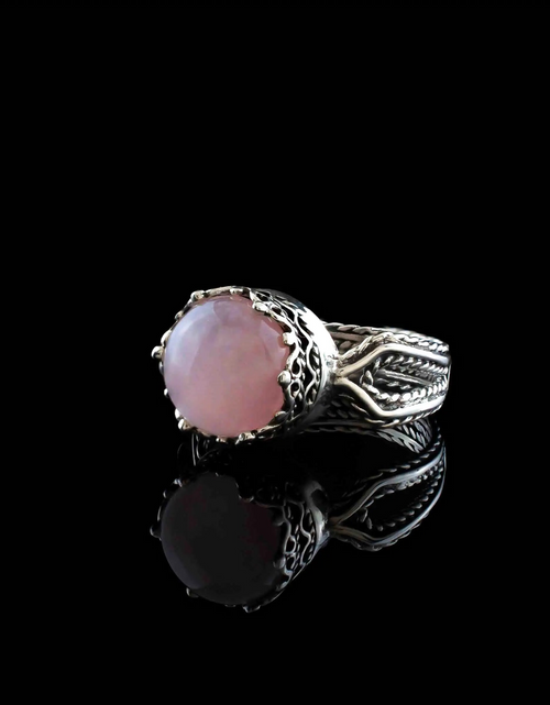 Load image into Gallery viewer, Rose Quartz Gemstone Filigree Art Women Sterling Silver Cocktail Ring

