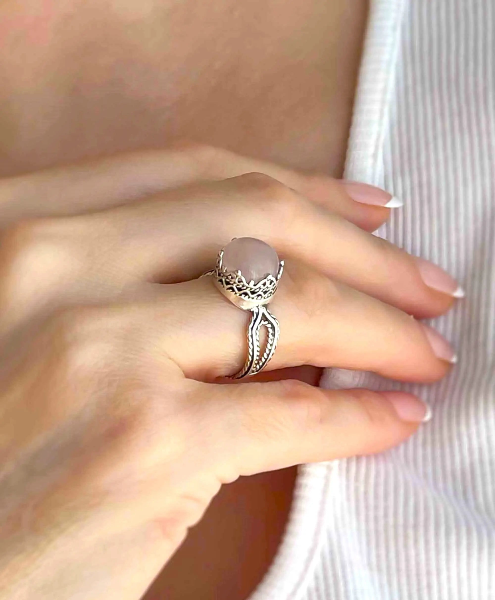 Rose Quartz Gemstone Filigree Art Women Sterling Silver Cocktail Ring