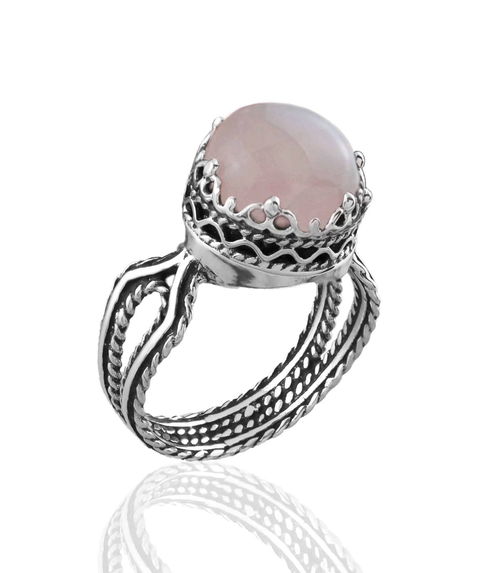 Rose Quartz Gemstone Filigree Art Women Sterling Silver Cocktail Ring