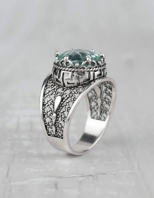Load image into Gallery viewer, Meander Pattern Filigree Art Aquamarine Gemstone Women Silver Cocktail Ring
