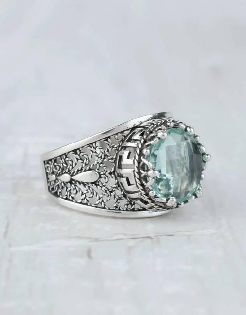Load image into Gallery viewer, Meander Pattern Filigree Art Aquamarine Gemstone Women Silver Cocktail Ring
