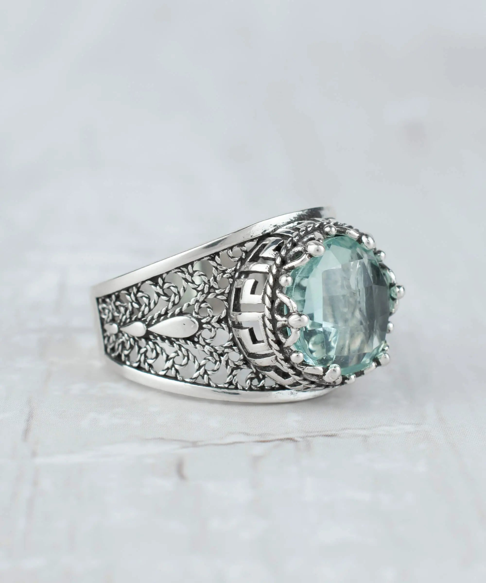 Meander Pattern Filigree Art Aquamarine Gemstone Women Silver Cocktail Ring